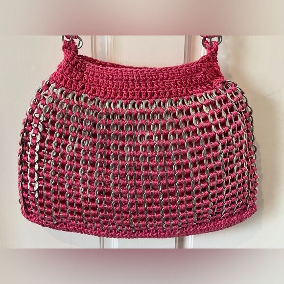 Crocheted Purse Recycled Soda Pop Tops Bag Upcycled Pink and Silver - Picture 1 of 9